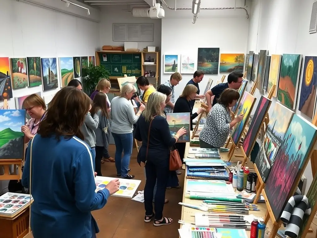 A photograph capturing participants in a past workshop at FRAC, actively engaged in creating their own art pieces. The image emphasizes the hands-on and interactive nature of FRAC's educational programs.