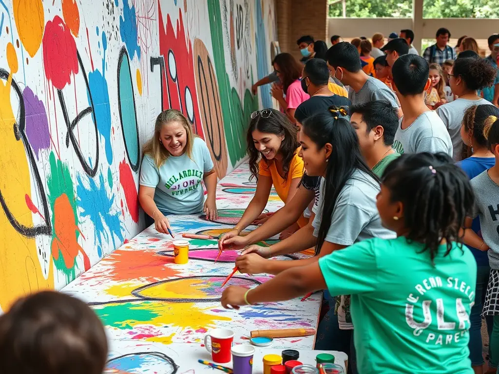 A dynamic image showcasing a community outreach event organized by FRAC, featuring local artists collaborating with residents on a public art installation.