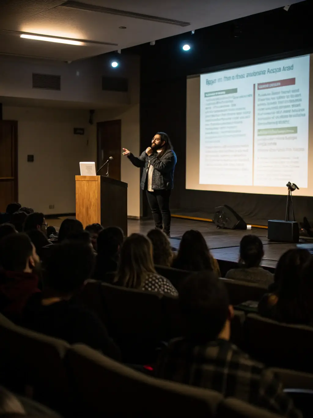 A photograph of a speaker delivering a lecture on contemporary art at FRAC, with an engaged audience listening attentively, promoting the upcoming lecture series.