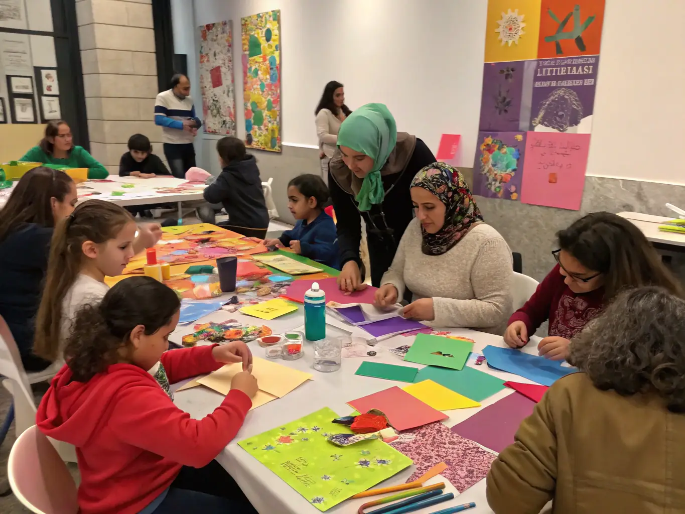 A photograph capturing participants actively engaged in a hands-on art workshop at FRAC, with various art supplies and tools scattered around the tables, showcasing the creative process.