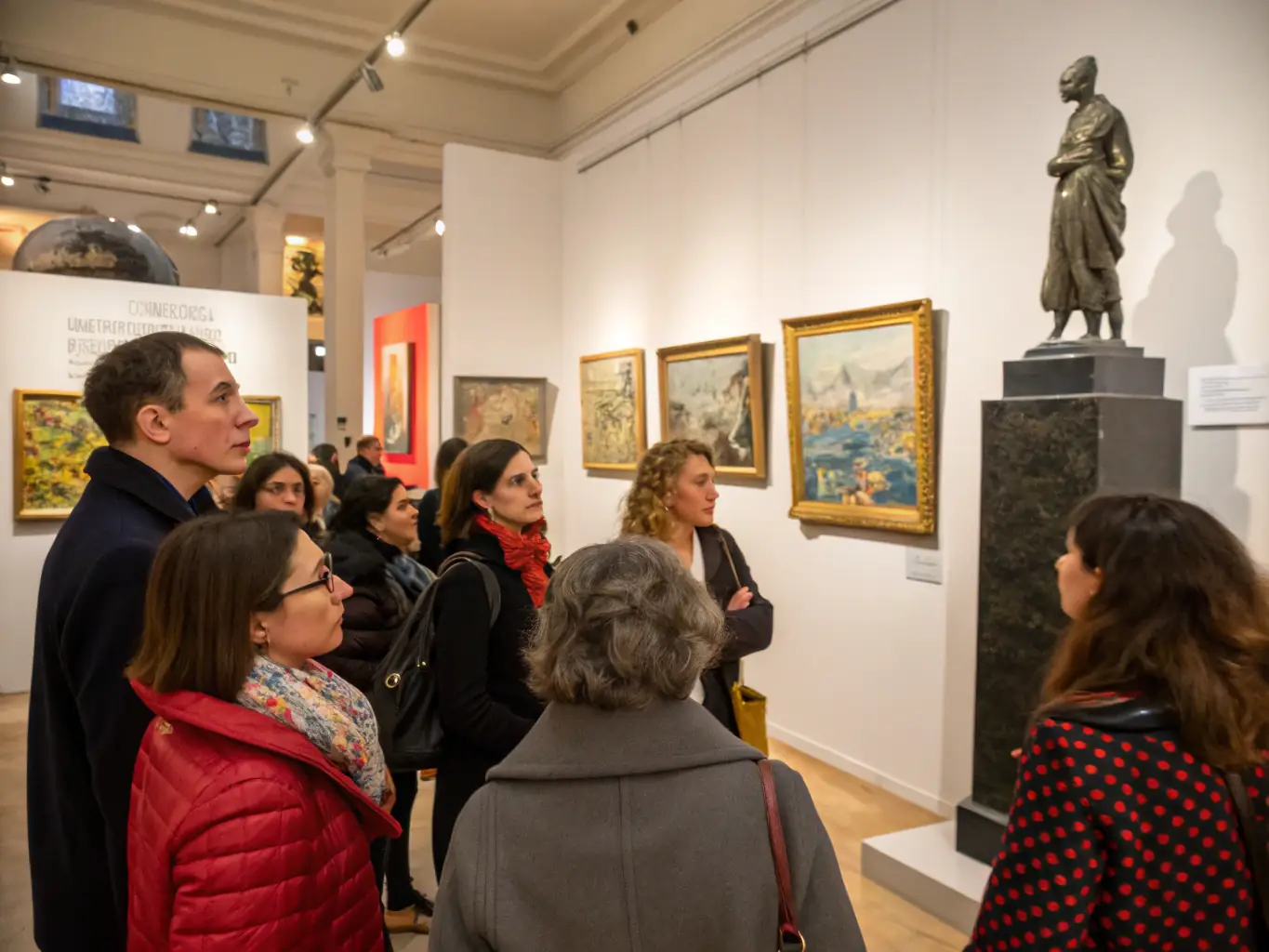 A captivating photograph of a docent leading a guided tour through FRAC's contemporary art exhibition, engaging visitors with insightful commentary and historical context.