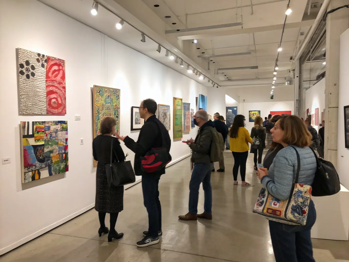 A group of visitors following a guide through FRAC's exhibition space, attentively listening to explanations about the artworks, emphasizing the interactive and informative nature of the tour.