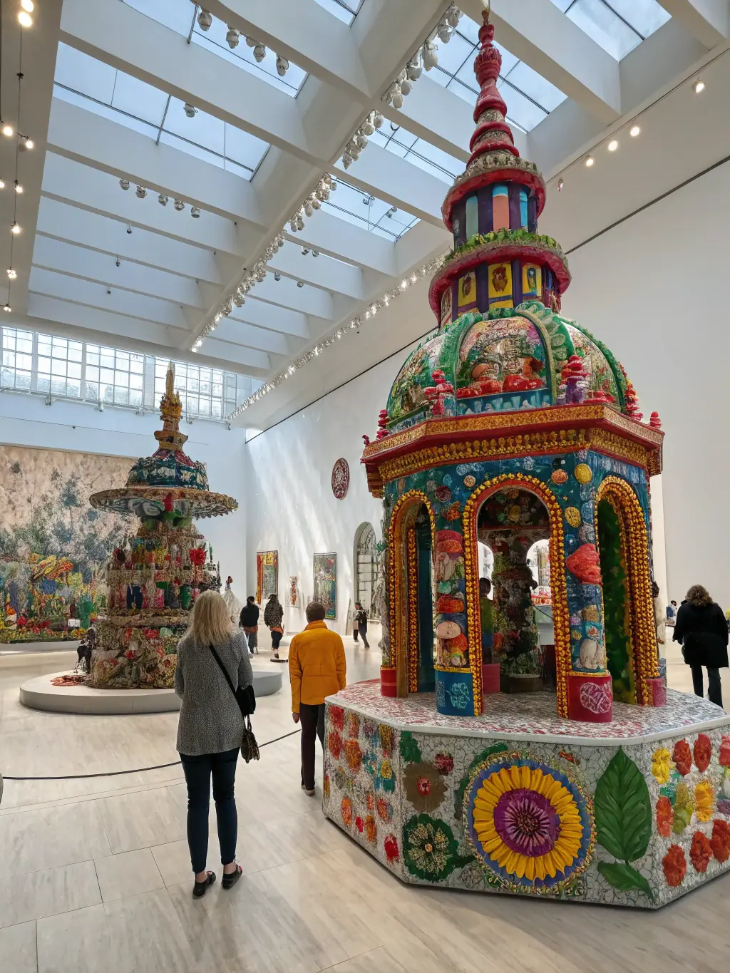 A vibrant photograph of an art installation featuring colorful sculptures at FRAC, with visitors interacting and appreciating the artwork, promoting the upcoming exhibition.