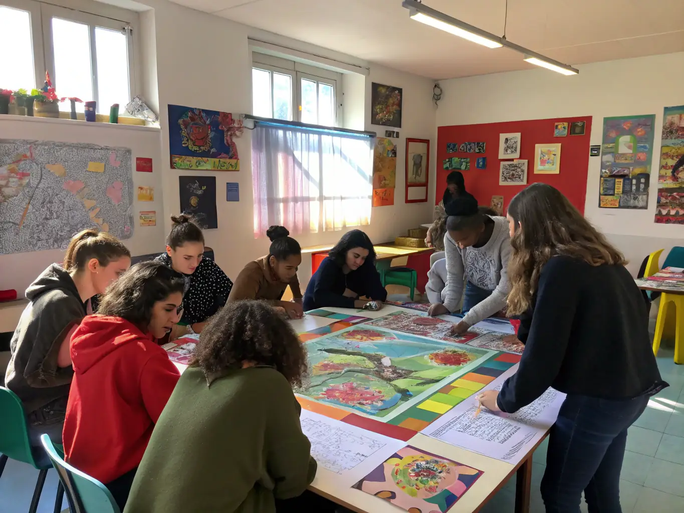 A vibrant photograph capturing a group of students actively participating in an art workshop at FRAC, surrounded by colorful art supplies and engaging with a local artist.