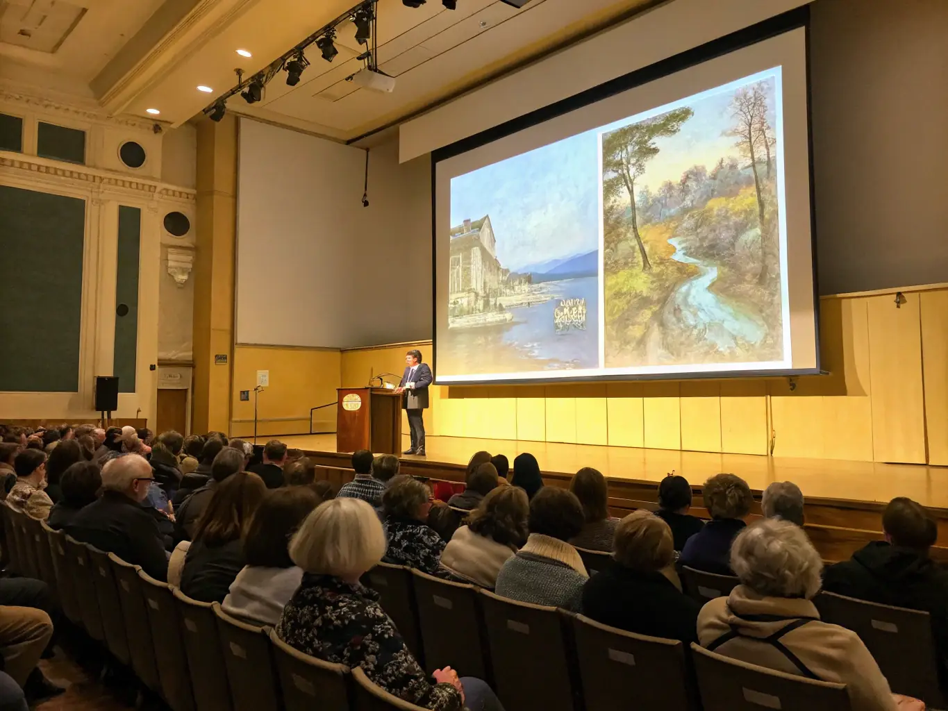 A dynamic image of a lecturer presenting to an engaged audience at FRAC, with a projection screen displaying a thought-provoking artwork, highlighting the educational aspect of the event.